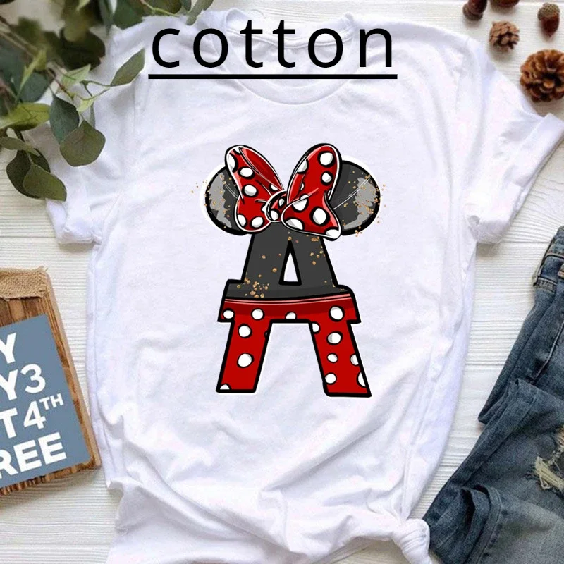 New Summer Short Sleeve Disney Children Baby Clothes Minnie Mouse Letters Print A-Z Print Kid Cotton T-shirt Y2k Tops Boy Girl