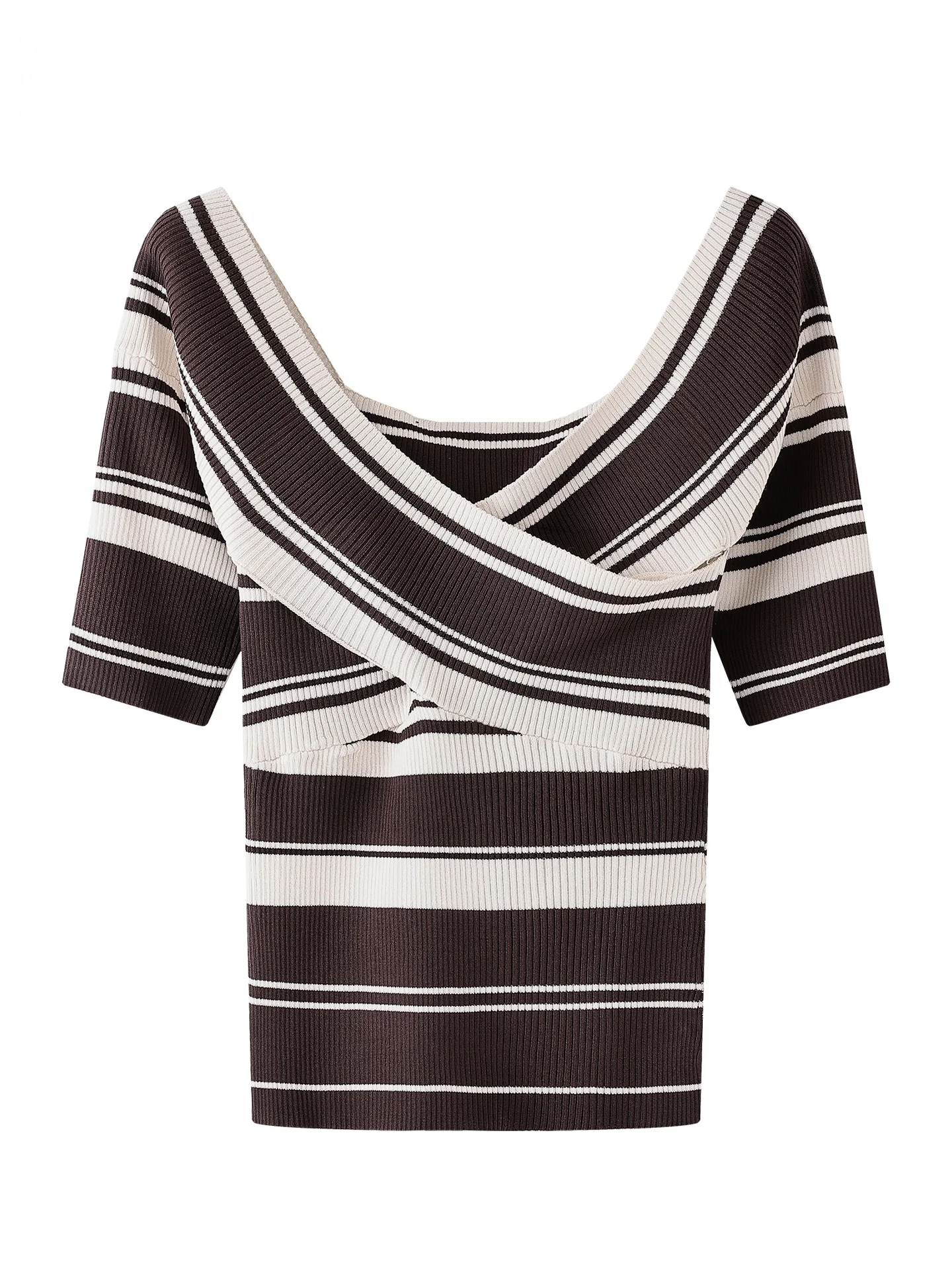 

JZZDEMM Stripe Knitted ort Sve Women's Top Cross V-ne Slimming Versatile Summer Faion Retro Sle Casual Wear