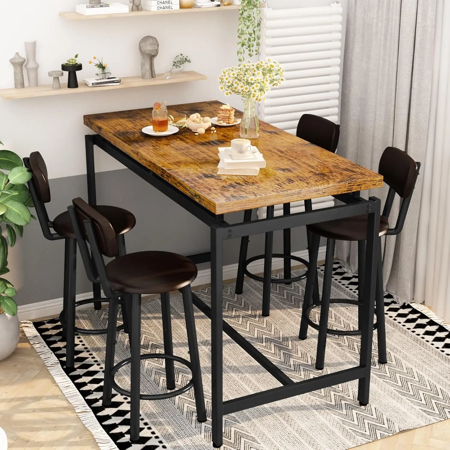 Conjunto de mesa de jantar para 4 bar, mesa de cozinha e cadeiras para 4 mesas de jantar de altura de balcão com 4 encosto estofados em couro PU