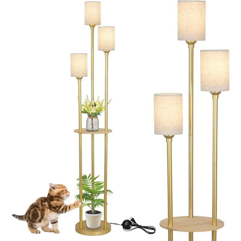 

Floor Lamp with Shelves, Modern Floor Lamps for Living Room, 3-Lights Standing Lamp with Linen Shade and Foot Switch