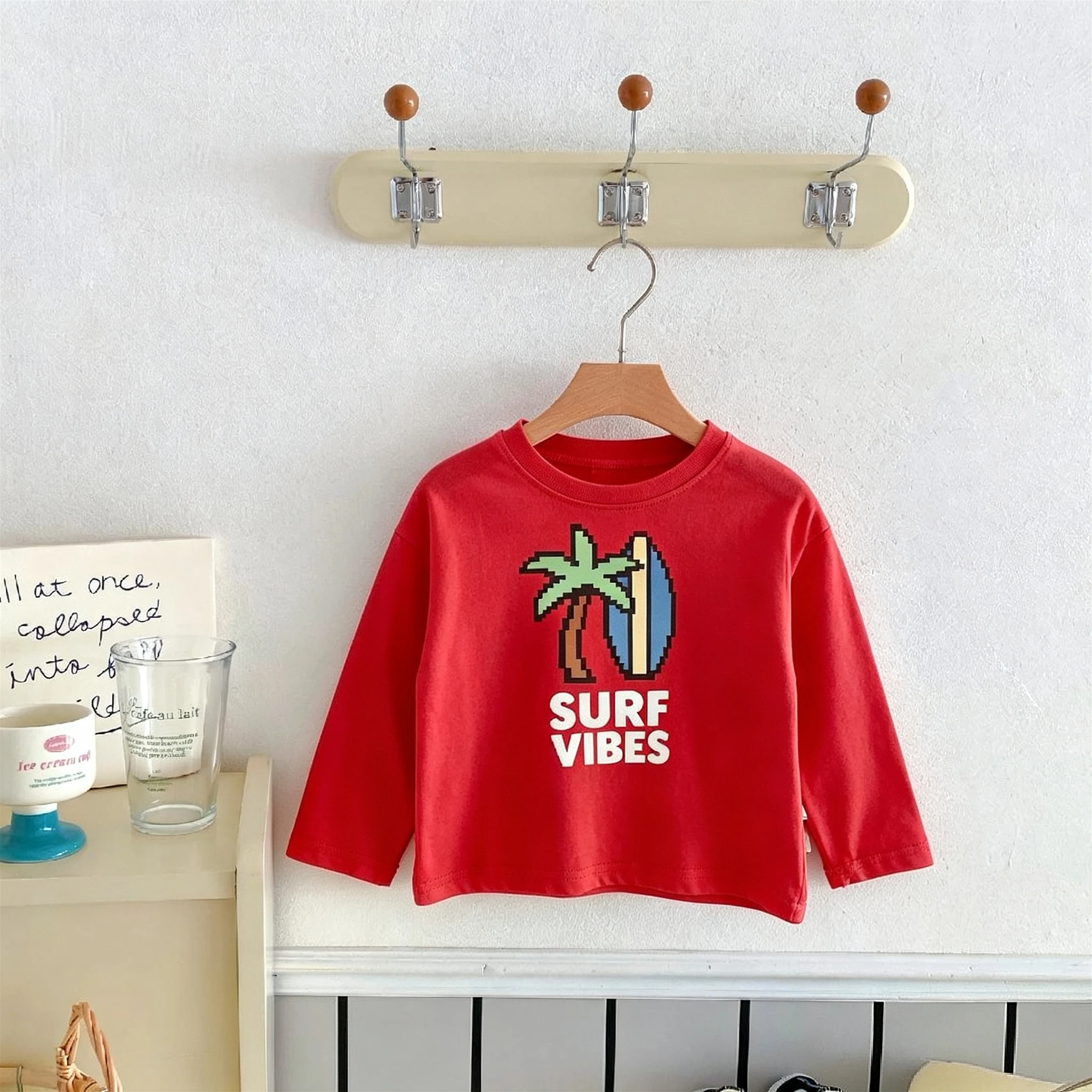 1-7 Age Children's Wear Tops Long Sleeve T-shirt Print Solid Color Versatile Girls And Boys Crewneck Pullover Bottoming Shirts