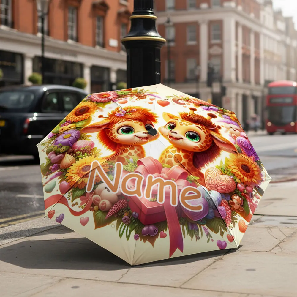 Custom Name umbrella, Cute Giraffe Couple with Floral Heart Design Fashion Folding Umbrella for Sunny and Rainy Days, Gift