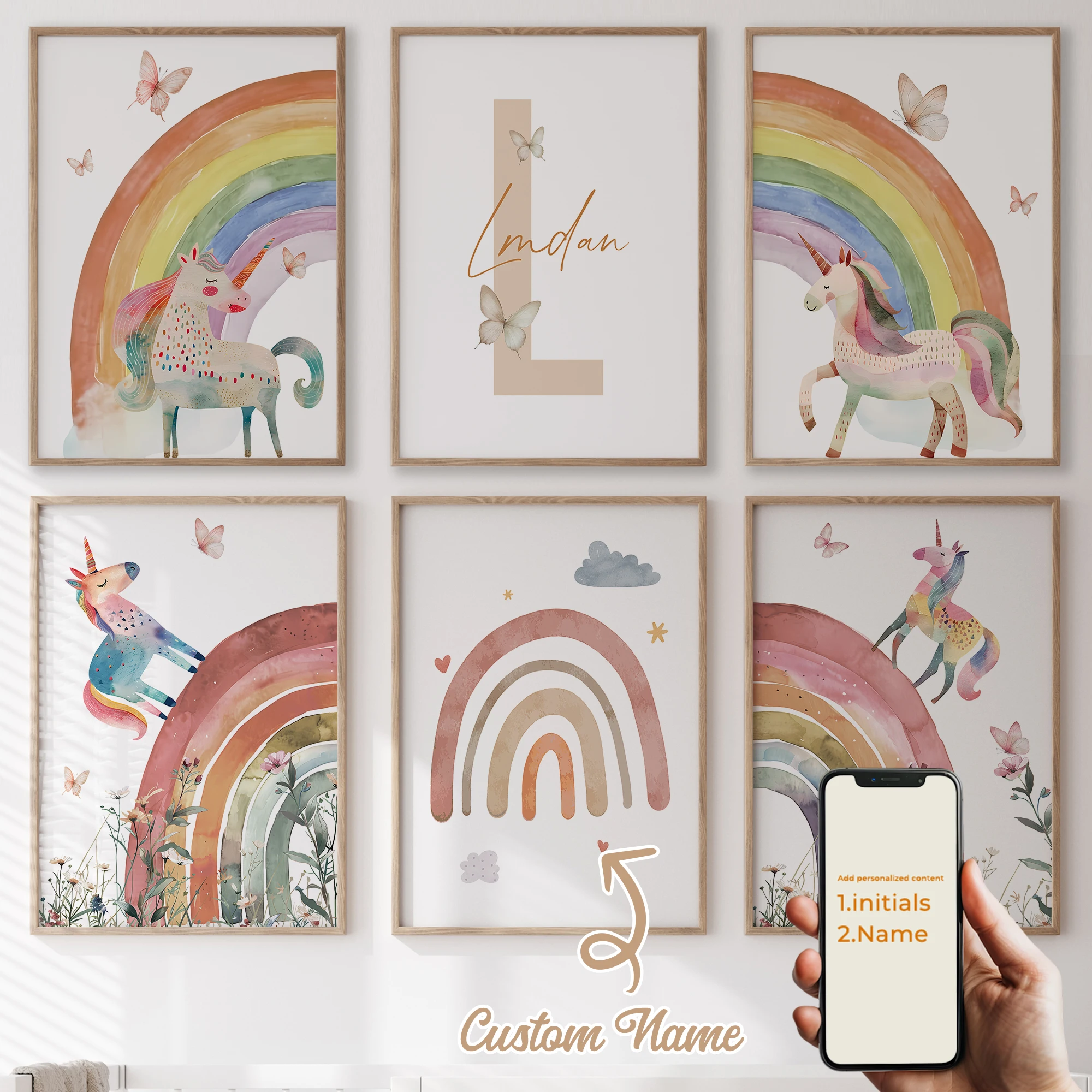 

6 шт. индивидуальное имя, Радужная белая лошадь фон настенные художественные принты холст живопись плакат картина для гостиной домашний декор