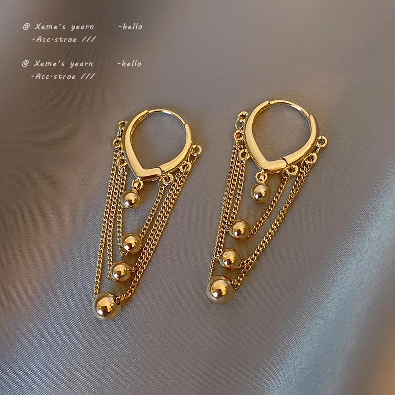 European and American style temperament teardrop stud earrings with metal ball tassels for women and girls' parties