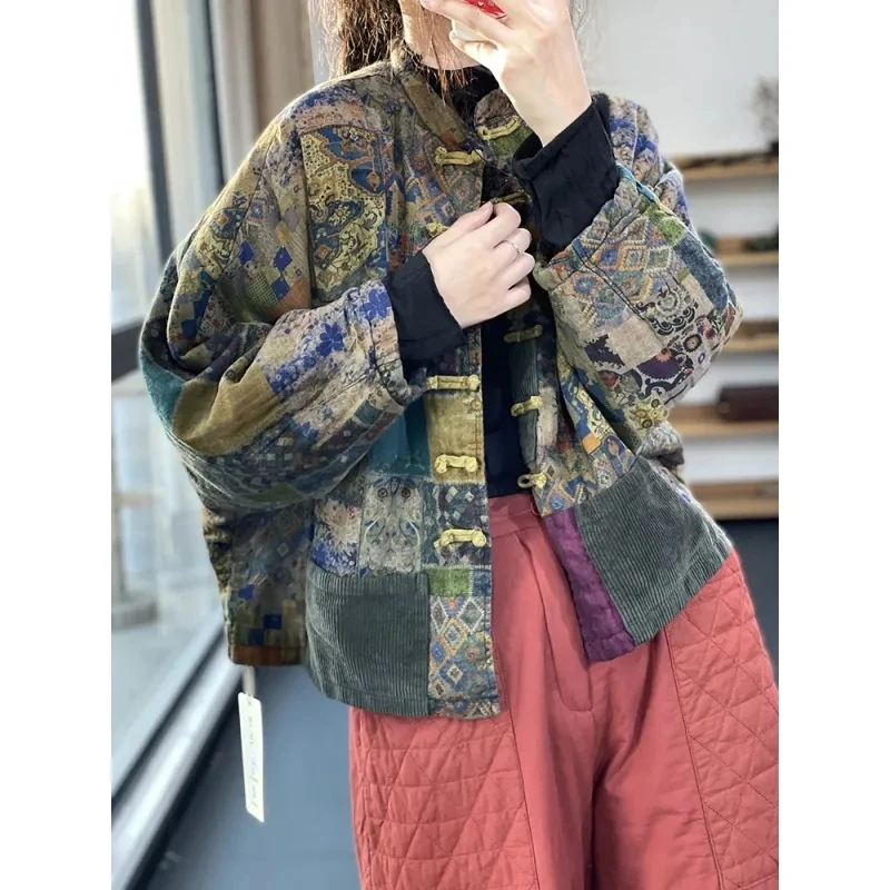 Chaqueta de algodón con estampado Vintage para mujer, abrigo de manga de murciélago, empalme con hebilla de placa interior, Clip de lino, cárdigan de otoño e invierno