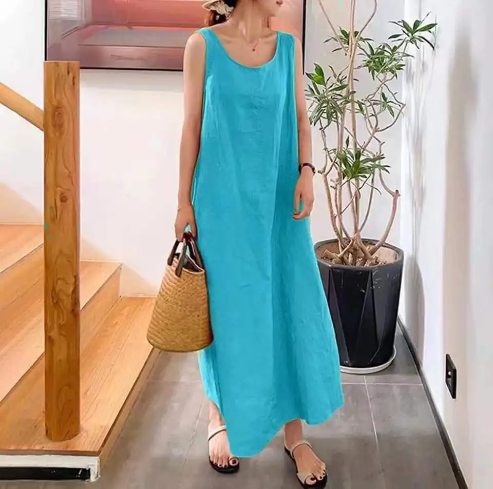 Cotton Linen Dress for Women Pocket Round Neck Sleeveless Dress Women Summer Vintage Long Loose Vestido Feminino