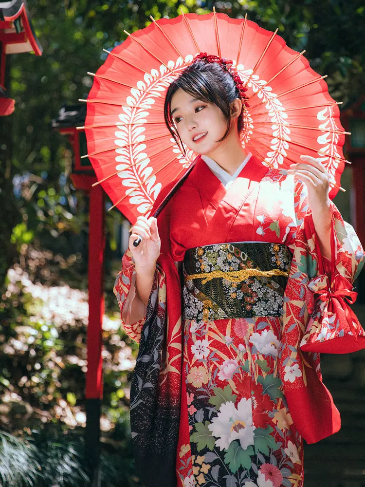 

Women's Red Color Floral Prints Japan Traditional Kimono Long Sleeve Yukata Retro Long Dress Cosplay Costume Photography Wear