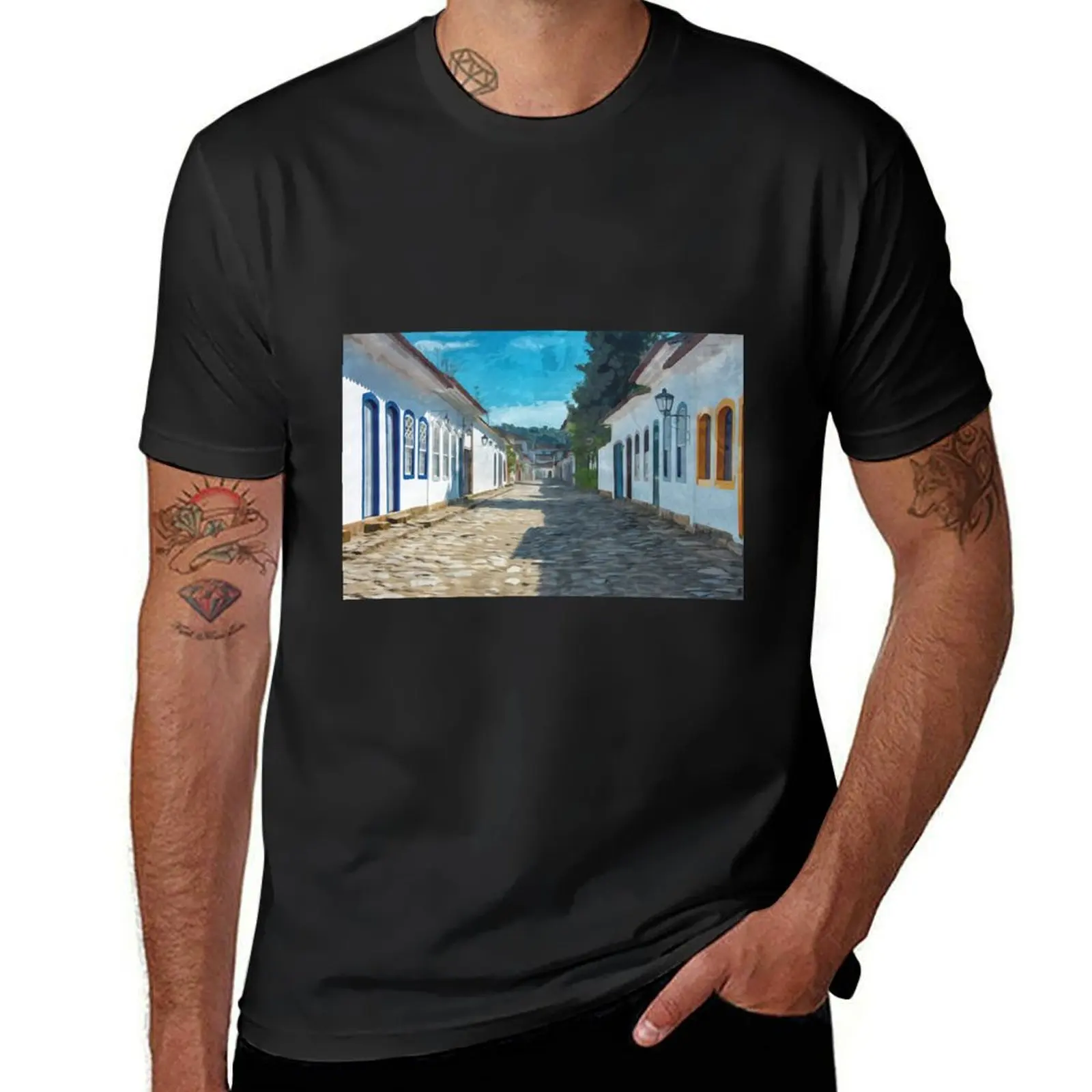 Harbor street at the world cultural heritage Paraty in Brazil in watercolor T-Shirt plain Men's t-shirt