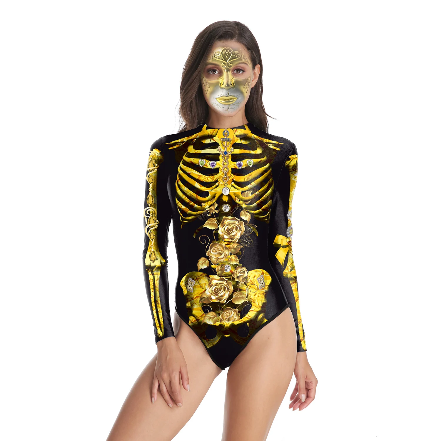 Zawaland Cosplay Rose Skeleton Printed Costume Jumpsuits Halloween Long Sleeve One Piece Swimwear Carnival Women Zentai Suits