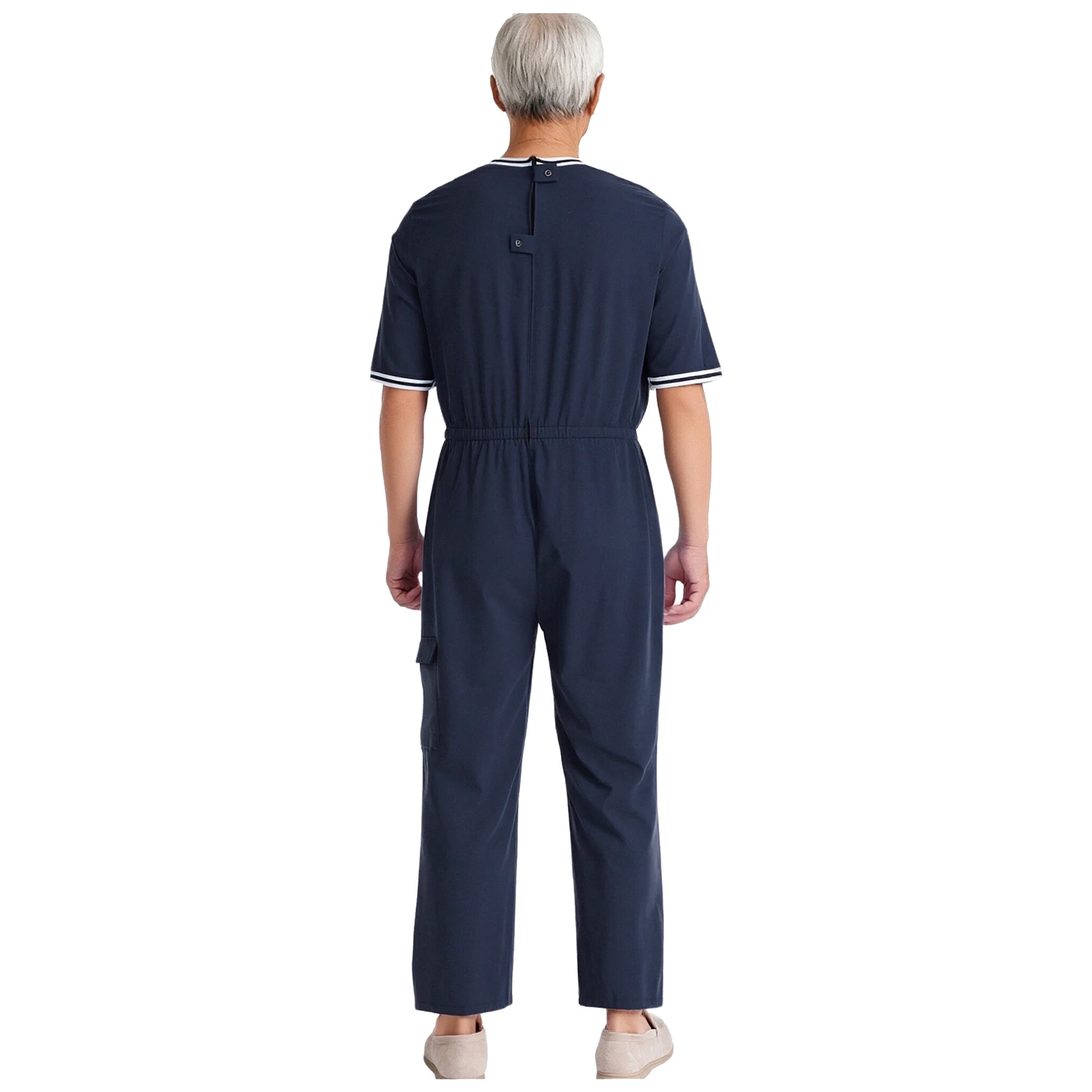 Men Alzheimer Adaptive Clothing Lingerie One-piece Rompers Solid Round Neck Half Sleeve Elastic Waist Zipper Jumpsuit Pockets