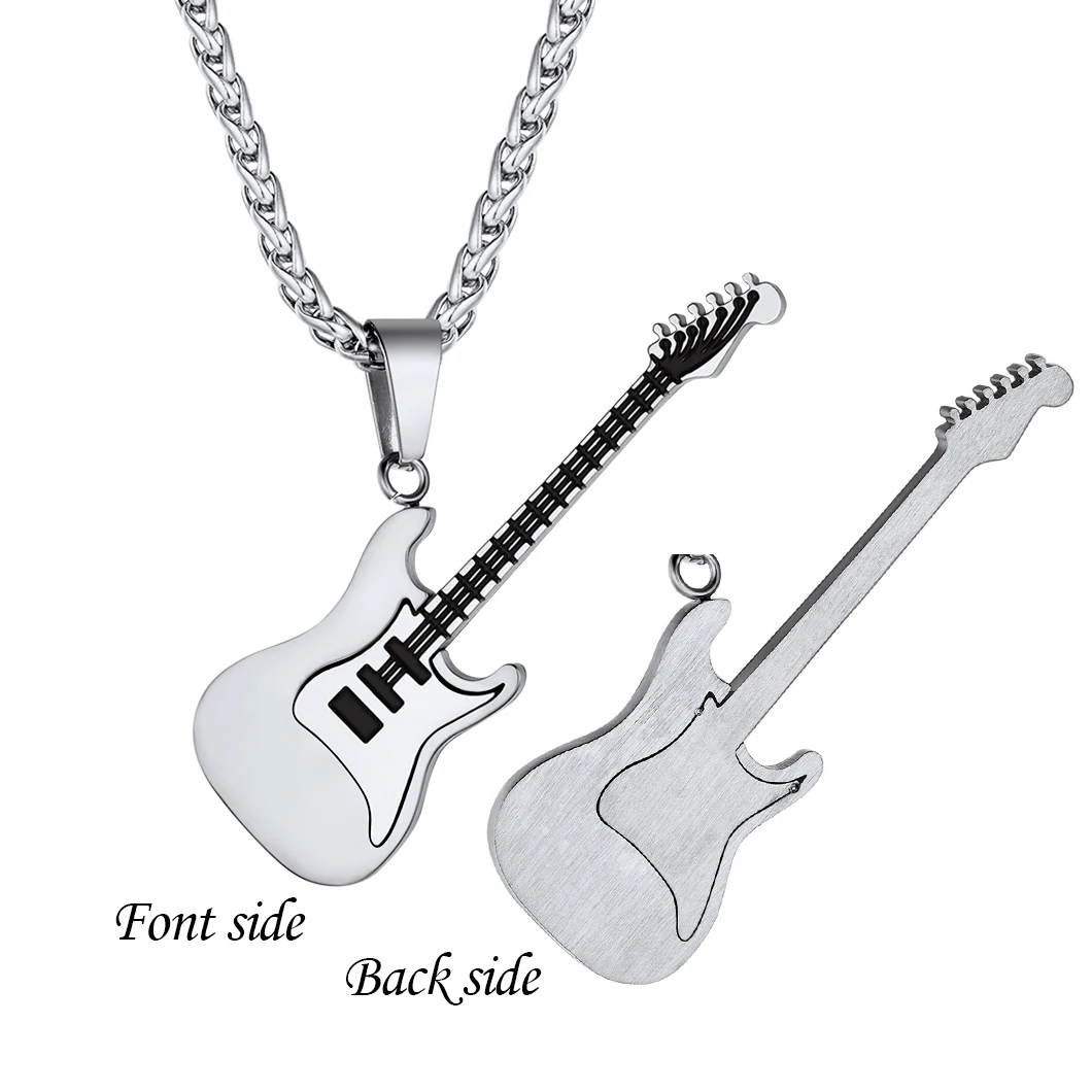 U7 ギターネックレス男性女性のための音楽愛好家へのギフトブラックゴールドカラーステンレス鋼ペンダントリンクチェーンヒップホップロックジュエリー