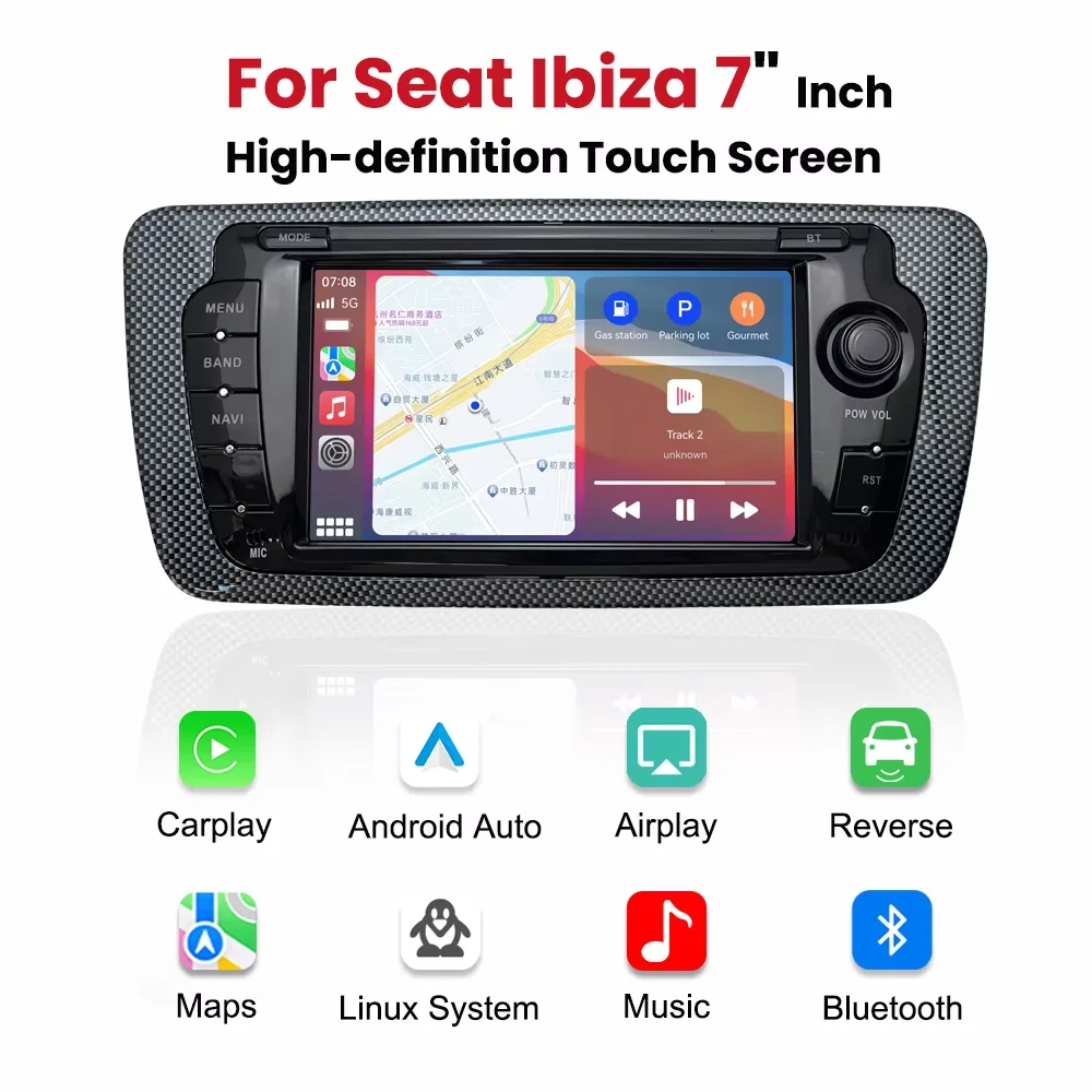 Radio de coche con pantalla táctil multimedia de 7 pulgadas, Linux, CarPlay inalámbrico, Android Auto, para Seat Ibiza 6j 2009 2010 2011 2012 2013, con Airplay, Autolink, Mirror Link, WiFi, Bluetooth, GPS, navegación y sistema inteligente.