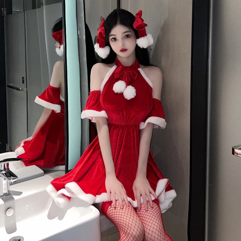 Red Plush Dress Christmas Sexy Winter Santa Cosplay Decorative Women Uniform Cute Maid Fancy Pajamas Party Costume Pleasant Autu