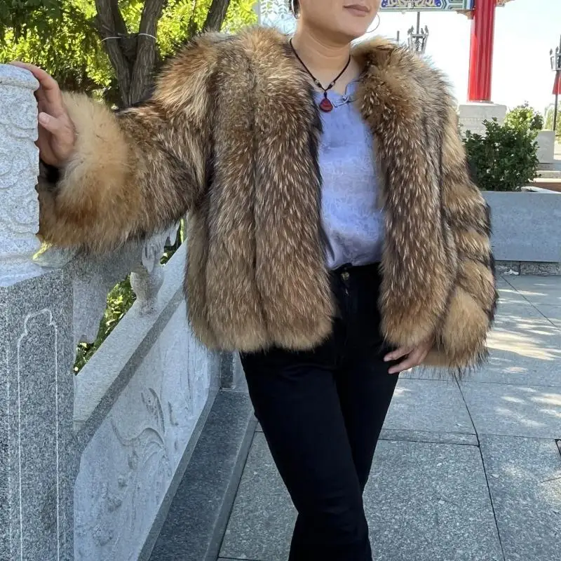 2023 Hot Sale Winter Women Real Fur Coat Raccoon Fur Silver Fox Fur Natural Short Coat Round Neck xxxxxl  jackets amp coats