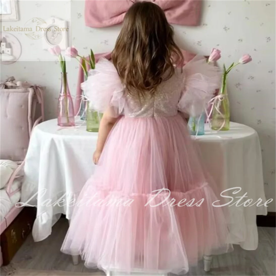 Flower Girl Dresses Tulle Puffy Sequin Short Sleeve For Wedding Birthday Party Banquet Holy Communion Gowns