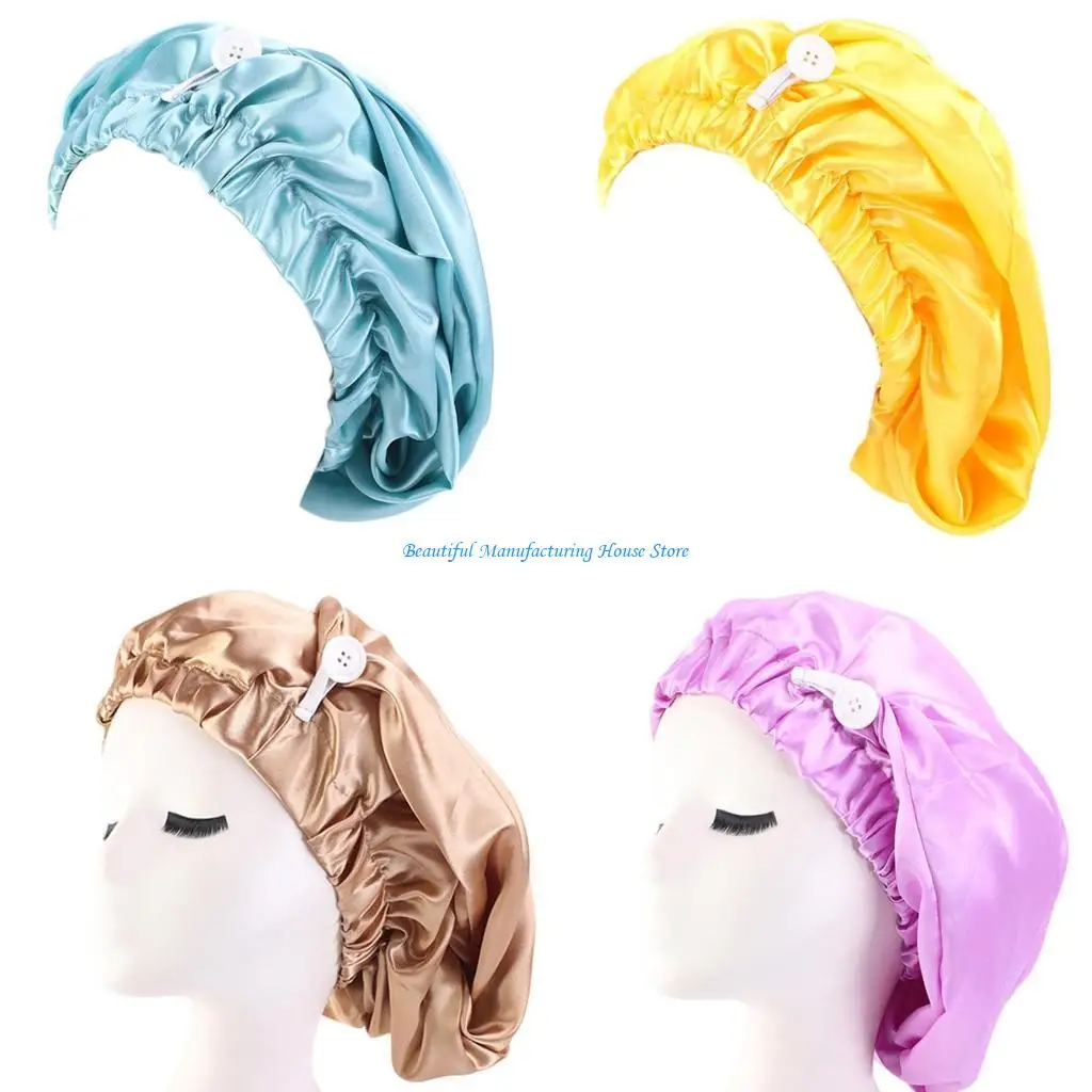 

E56A Satin Bonnet for Women Foldable Button Long Hair Cap Large Sleeping Hat