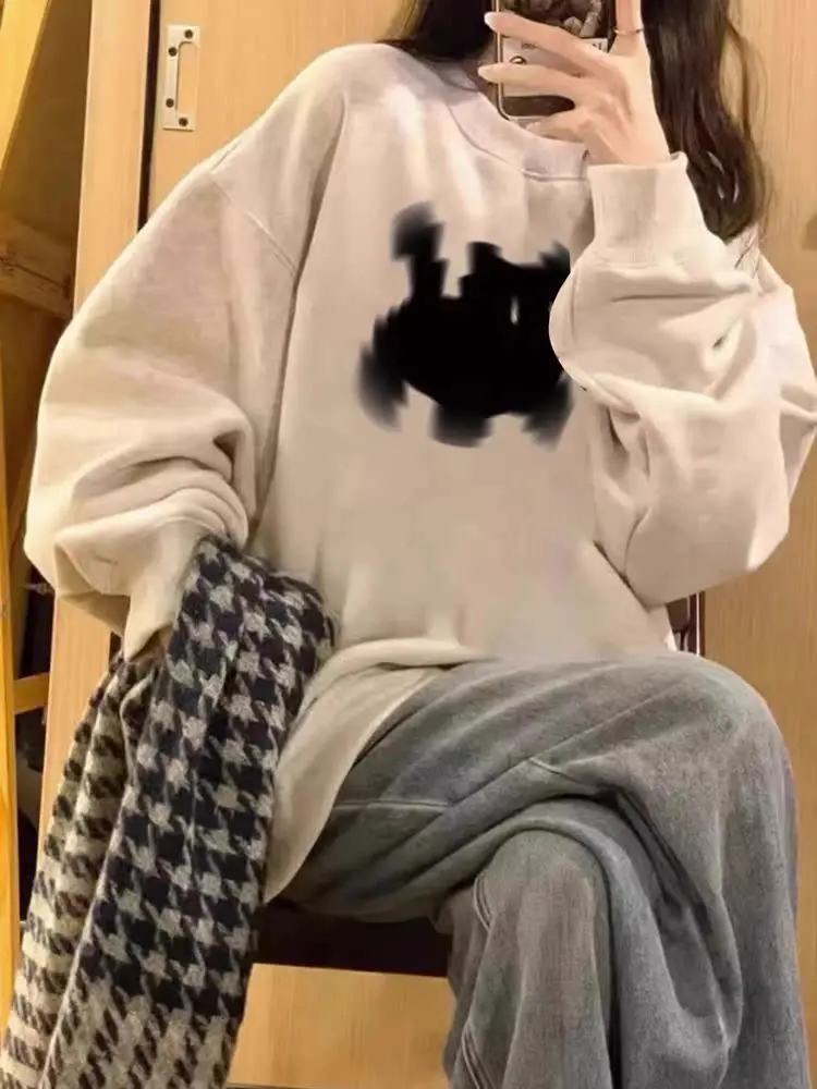 Thiened Fce sweat à capuche femme longue Sve rond Ne sweat mi-long surdimensionné américain Sle Faionable haut d'hiver