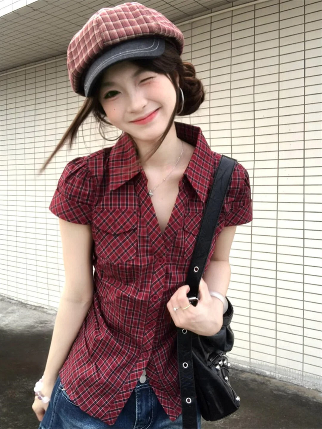 

Korean College Style Retro Red Plaid Short Sleeve Women's Shirt Summer Pleated Waist Slimming Spicy Girl Shoulder Shirt