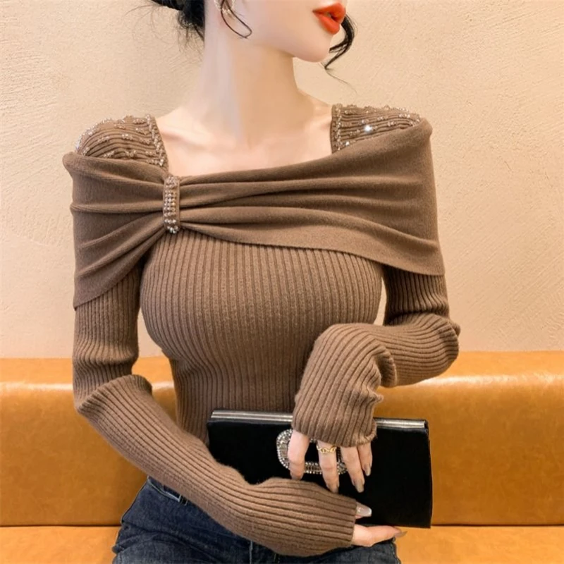 Spring Autumn Solid Color Square Collar Long Sleeve Fashion Sweater Women High Street Casual Slim Embroidered Flares Pullovers