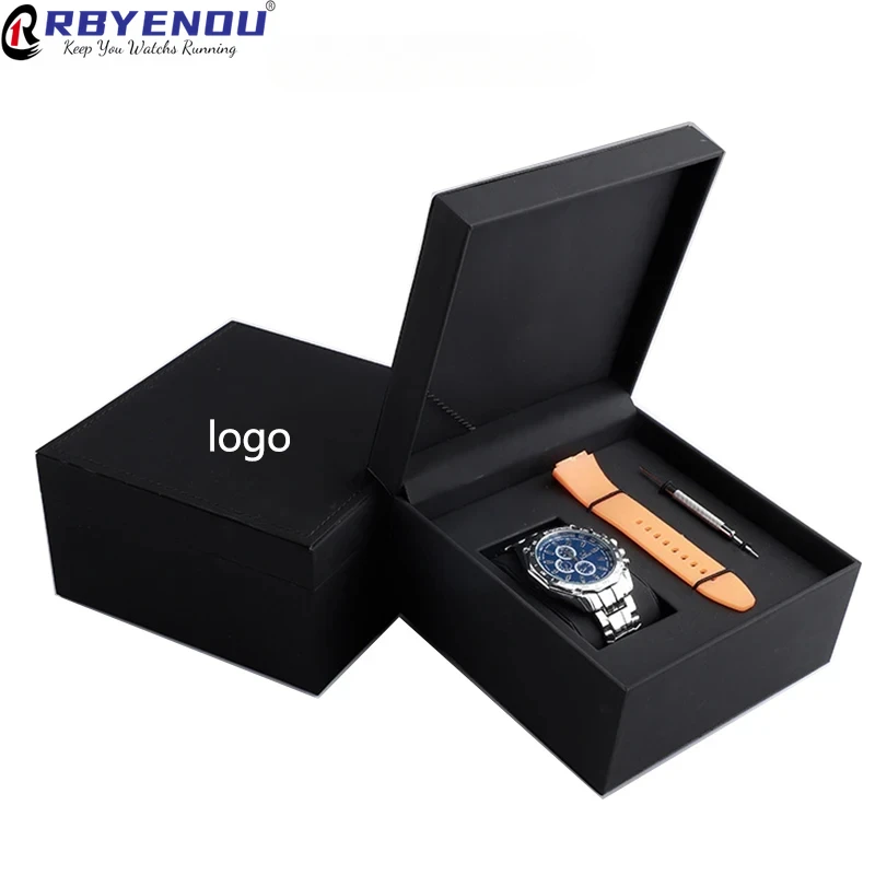 Watch Gift Packing Box with Watch Band Adjuster Tools Watch Case Pu Flap Black  Watch Box Single Organizador Free Custom Logo