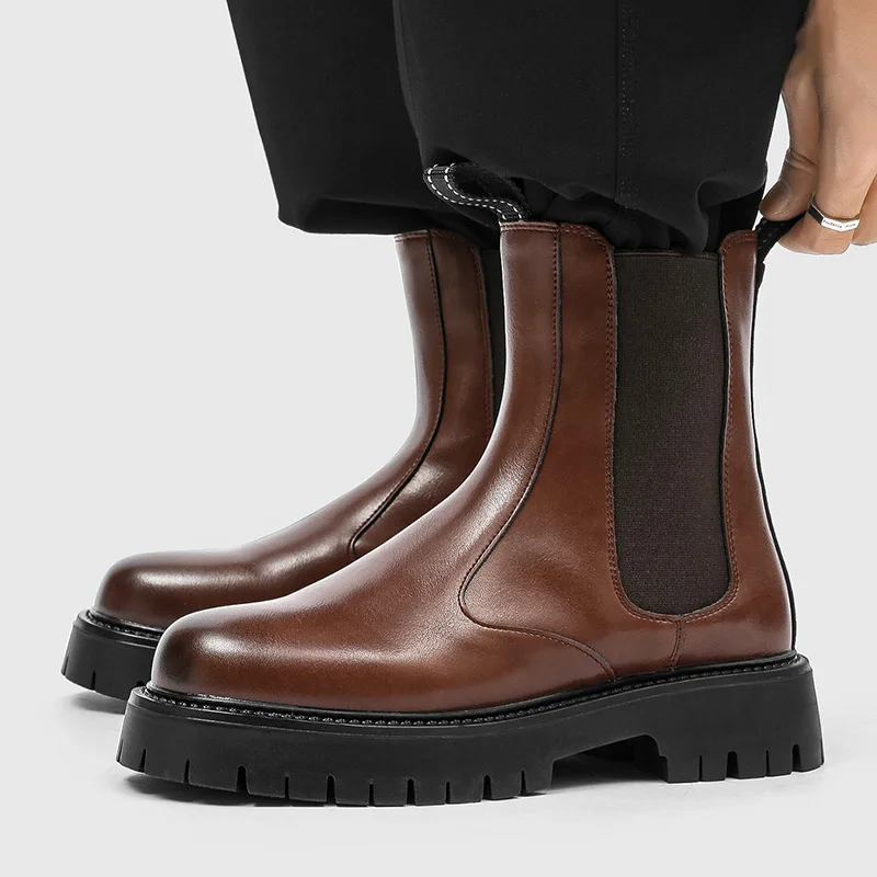 England style mens casual high motorcycle boots black brown natural leather shoes cowboy platform boot cool long platform botas
