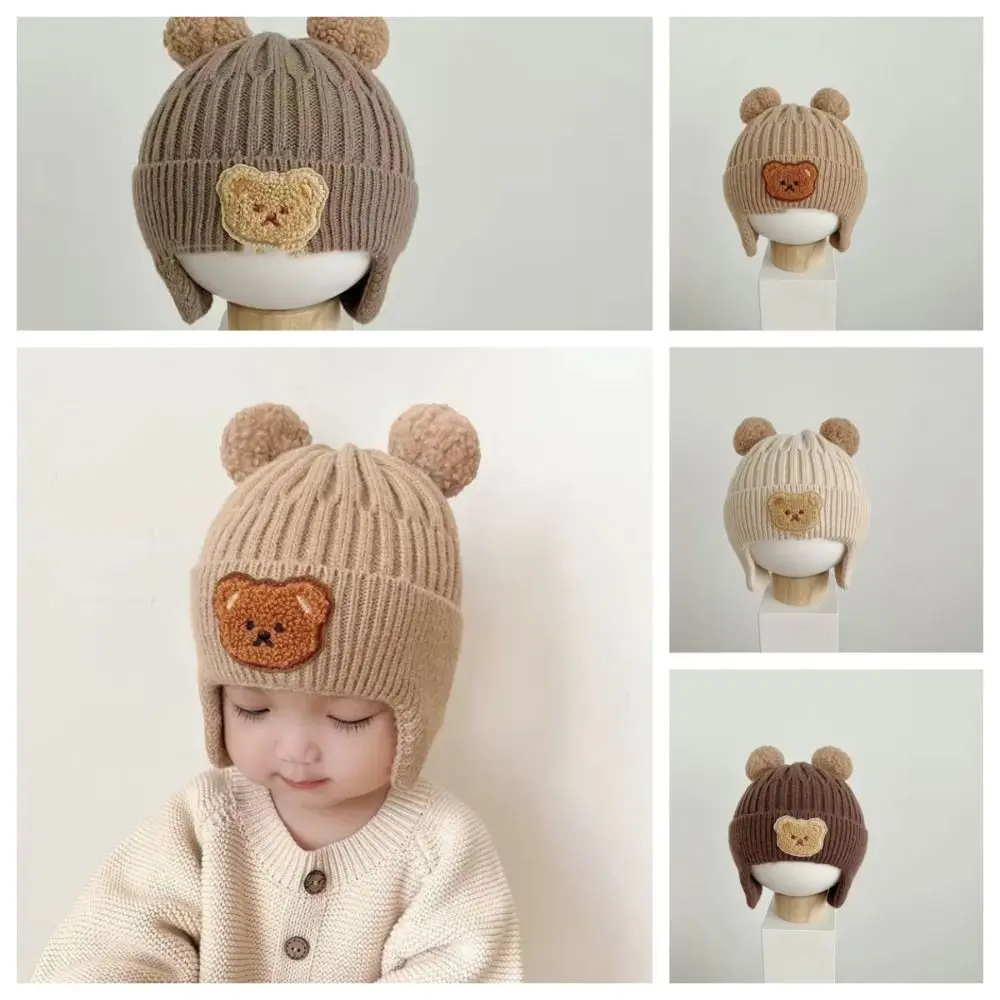 

Cartoon Bear Ear Protection Knitted Hat Solid Color Thermal Hat Baby Beanie Cap Skullies Wool Kids Crochet Hats Outdoor