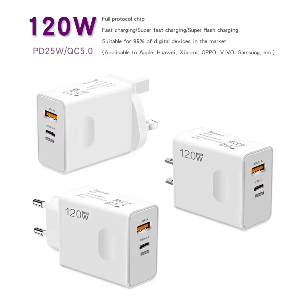 120W Fast Charging Charger QC 3.0 Wall Adapter USB A 2 Ports Phone Chargers Type C Cables for IPhone 15 14 Samsung Xiaomi Huawei