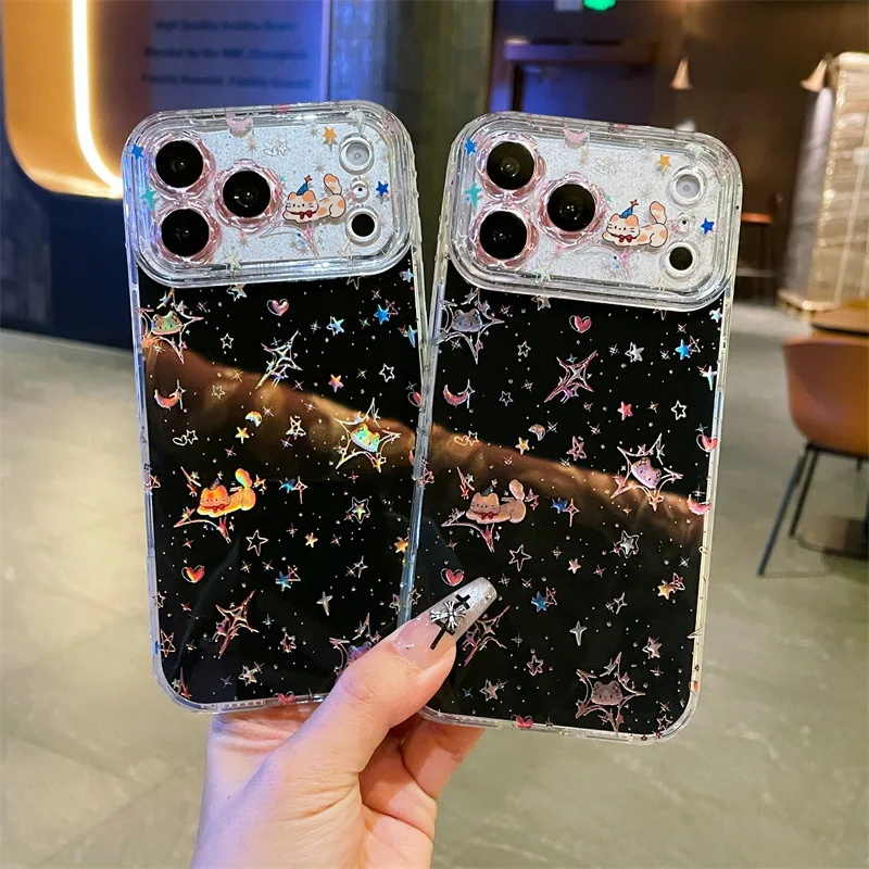 Coque de téléphone de luxe antichoc transparente avec motif chaton de dessin animé et étoiles en diamant pour iPhone 17 16 15 13 14 Pro Max