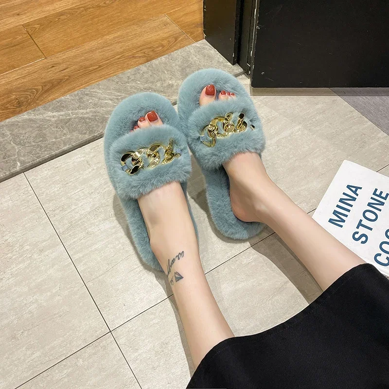 Fashion Designer Women Home Slippers Solid Color Open Toe Indoor 2024 Winter New Flat Non-slip Leisure Interior Female Shoes