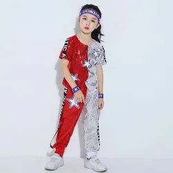 Kids Boys Girls Hip Hop Clothes Outfits Shiny Sequins T-Shirt and Pants Set Modern Dance Stage Performance Latin Jazz Costume