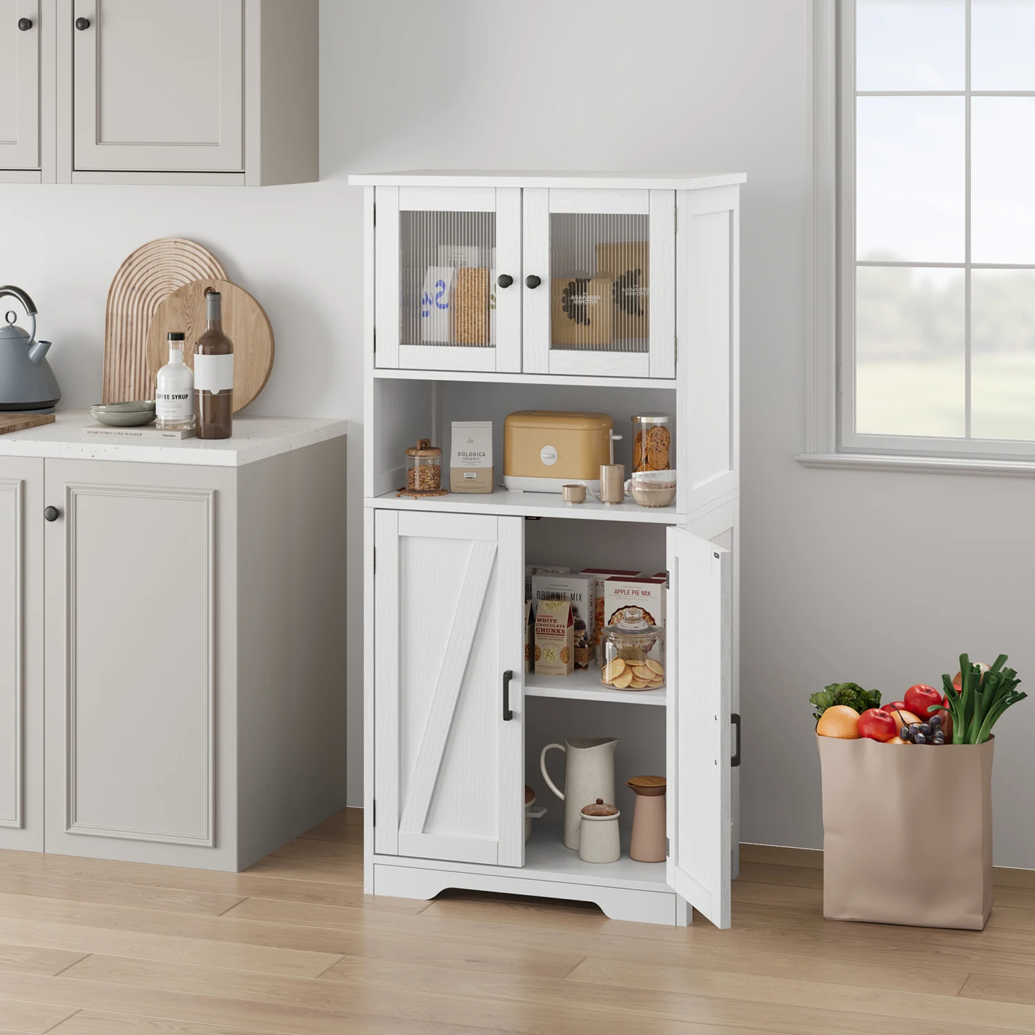 

Modern Multipurpose Entryway Storage Cabinet – Freestanding Wooden Pantry with Glass Doors & Adjustable Shelves, Floor Organizer for Hallway, Kitchen, Living Room, Bathroom