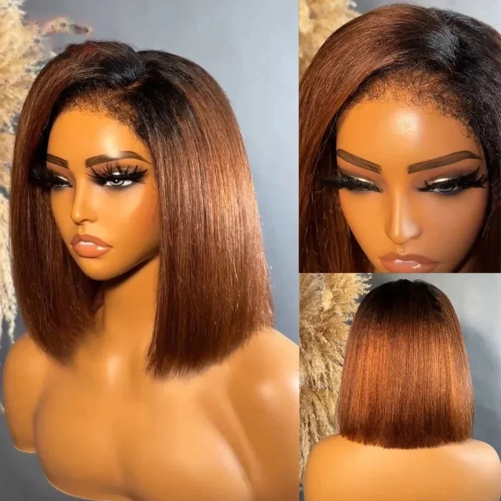 16inch-ombre-brown-yaki-short-bob-wig-for-women-preplucked-kinky-straight-lace-front-synthetic-glueless-daily-wig-with-baby-hair