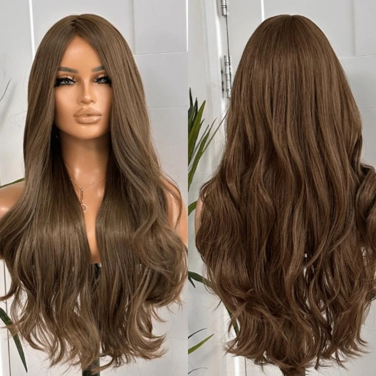 

Темно-каштаново-коричневый парик, длинные объемные волны, кружевной топ, парики, женская средняя часть, естественный вид, термостойкий синтетический парик для женщин