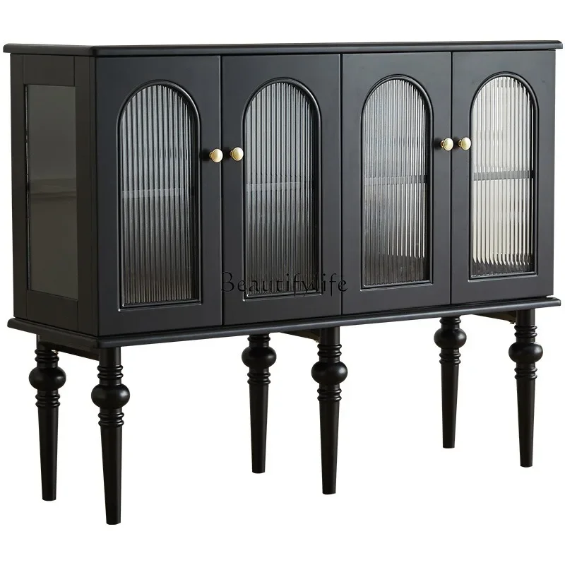 French retro solid wood glass wine cabinet black storage cabinet