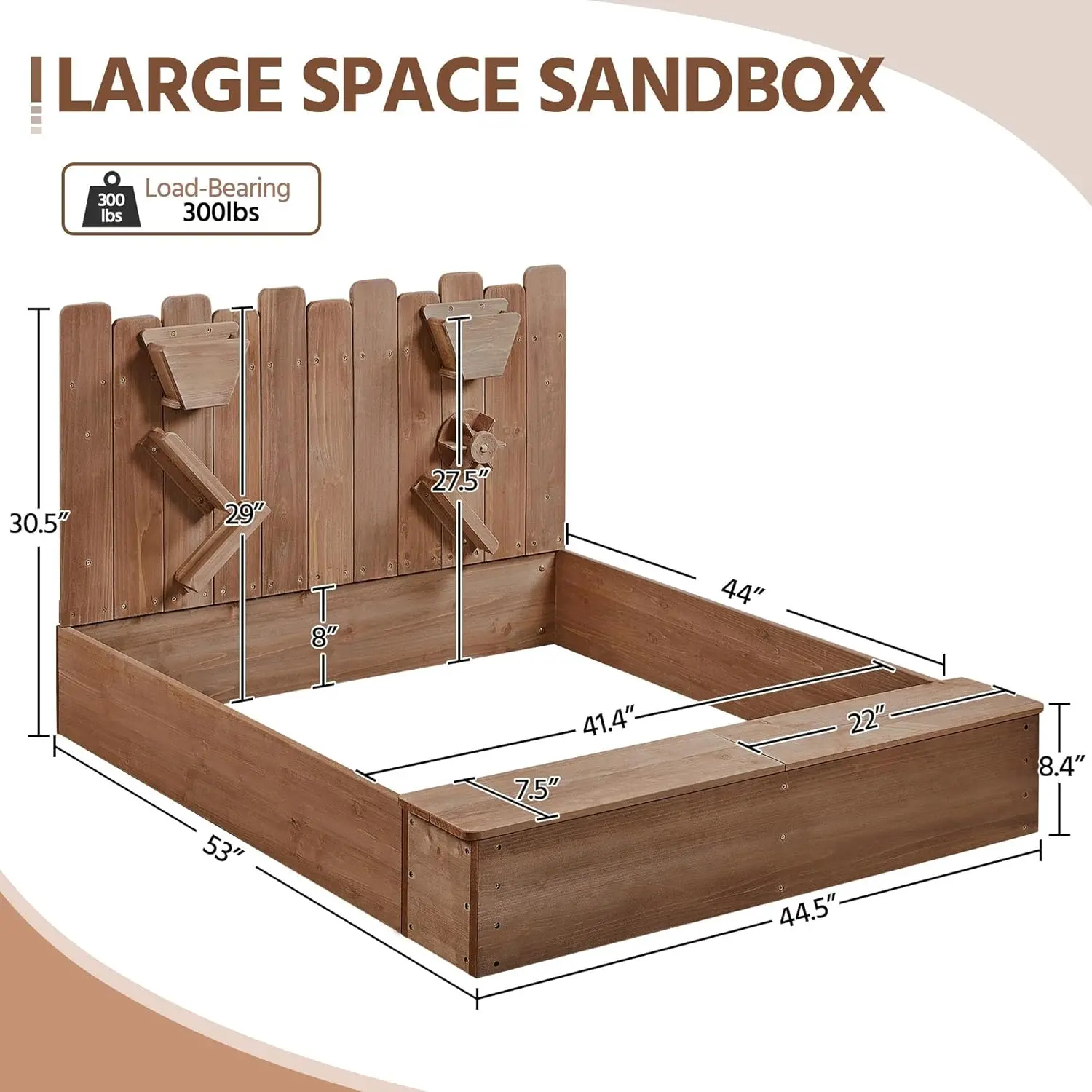 53x44.5in Wood Sand Box for Kids Ages 3-8, Sandboxes for Backyard Patio Garden Beach Outdoor Play Use, w/Fabric Liner Funnel Chu