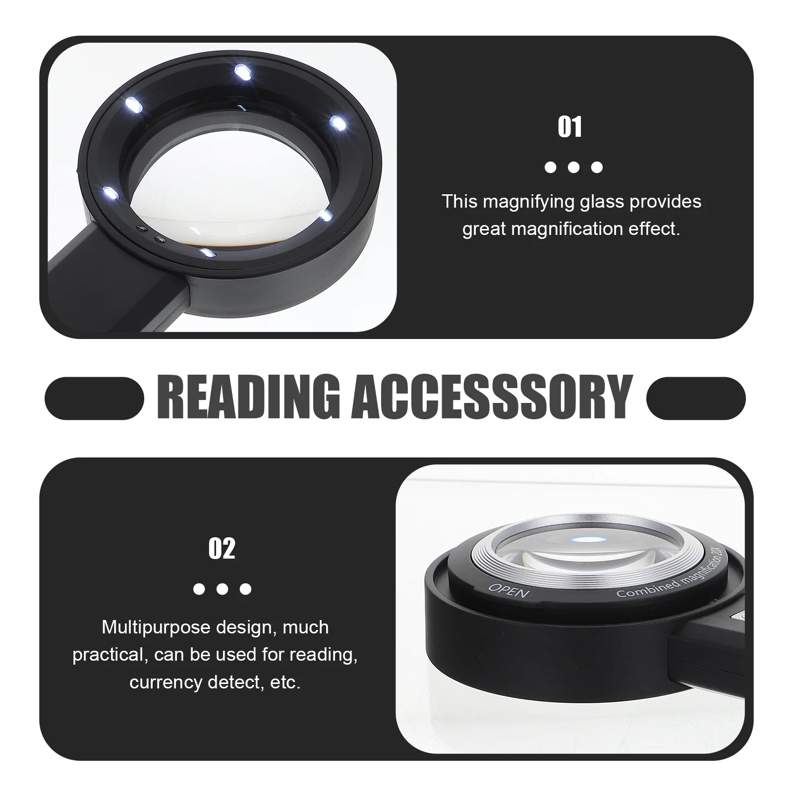 

Handheld Lighted Magnifier Multi-Function Reading Accessory High-Class ABS Material Durable for Seniors Kids Currency Detect LED