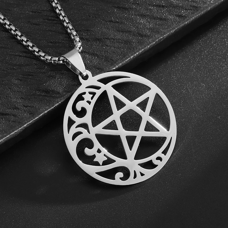 Stainless Steel Cut Magic Pentagram Moon Pendant Necklace for Men Women Celtic Irish Lucky Amulet Jewelry image 2