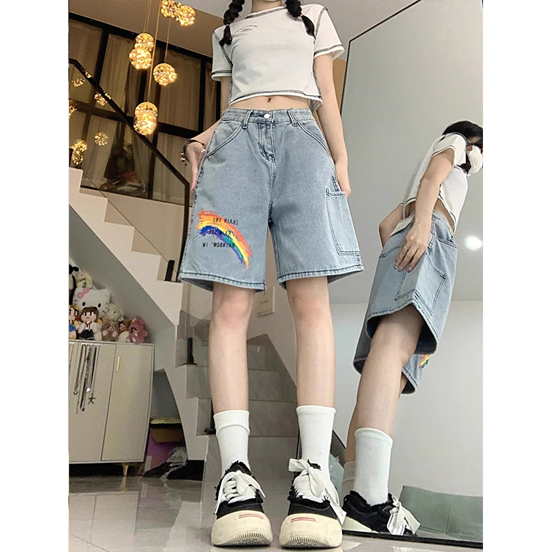 

2024 New Jeans Women Loose Straight Ethnic Plate Button Y2k Shorts Fashion Casual Harlan Pants Summer Trend Womens Denim Shorts