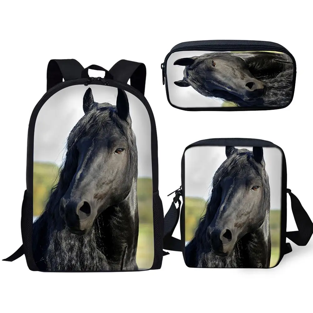 

Trendy Youthful Handsome Black Horse 3D Print 3pcs/Set Student Travel bags Laptop Daypack Backpack Shoulder Bag Pencil Case