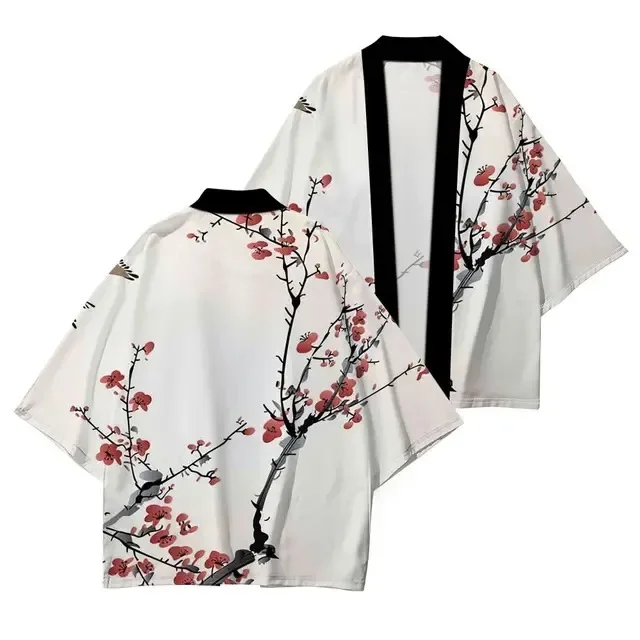New Men's Japanese Style Haori Open Front Plum Flower Kimono Jacket Casual Coat Japanese Yukata Outfit 1/2 Sleeve Beach Cover Up