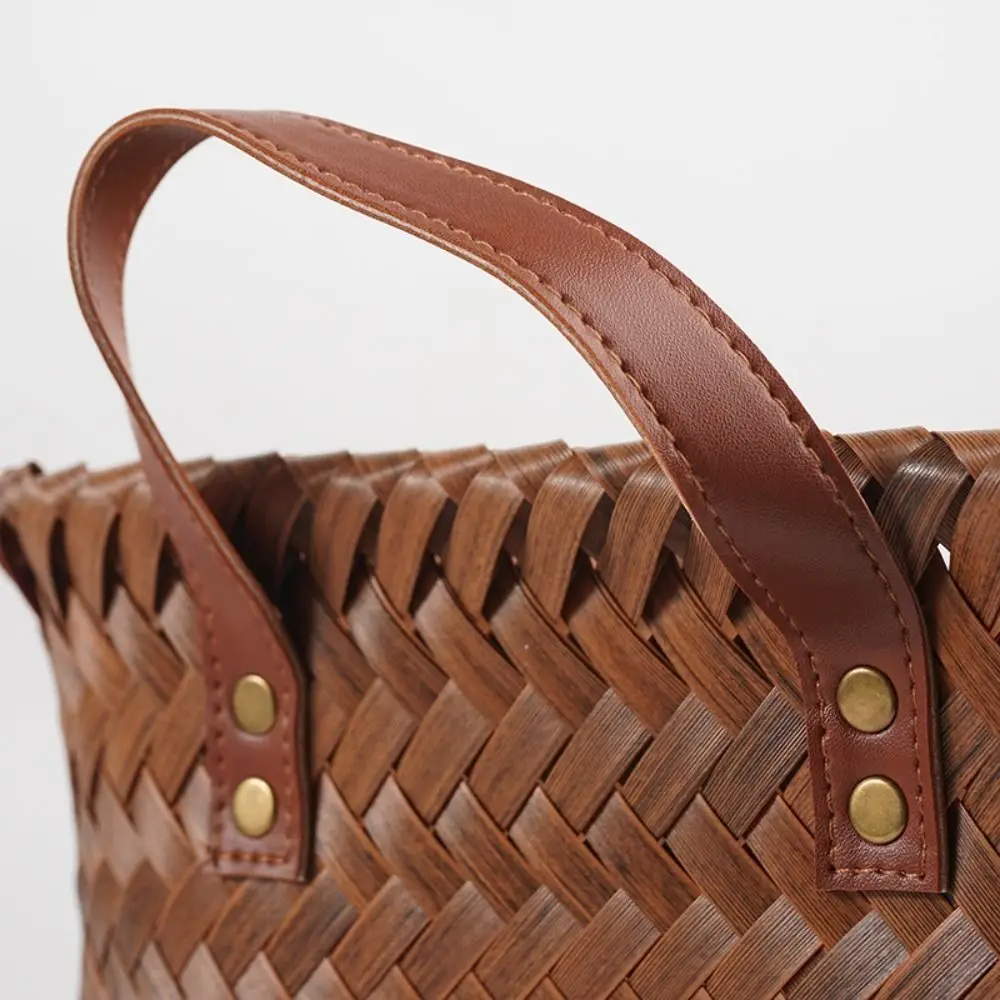 Portable Dirty Clothes Basket Retro Imitation Rattan Weaving Brown Picnic Basket 38cm Home Storage Home Furnishings