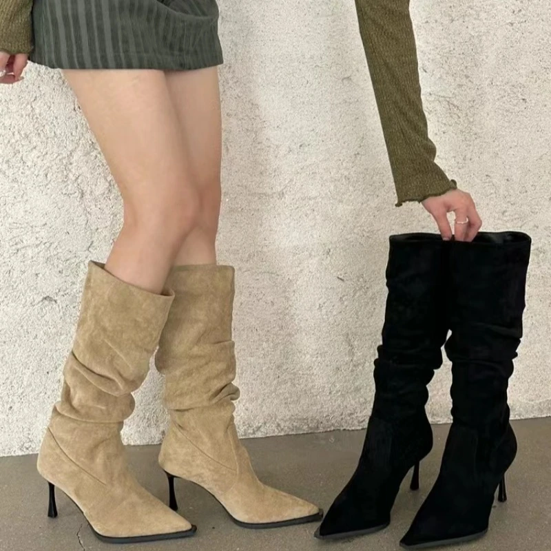 Autumn New Light Luxury Korean Version Pointed Toe Women's Thin-heeled Foreign-style Pile Boots High-heeled Knee-length Boots