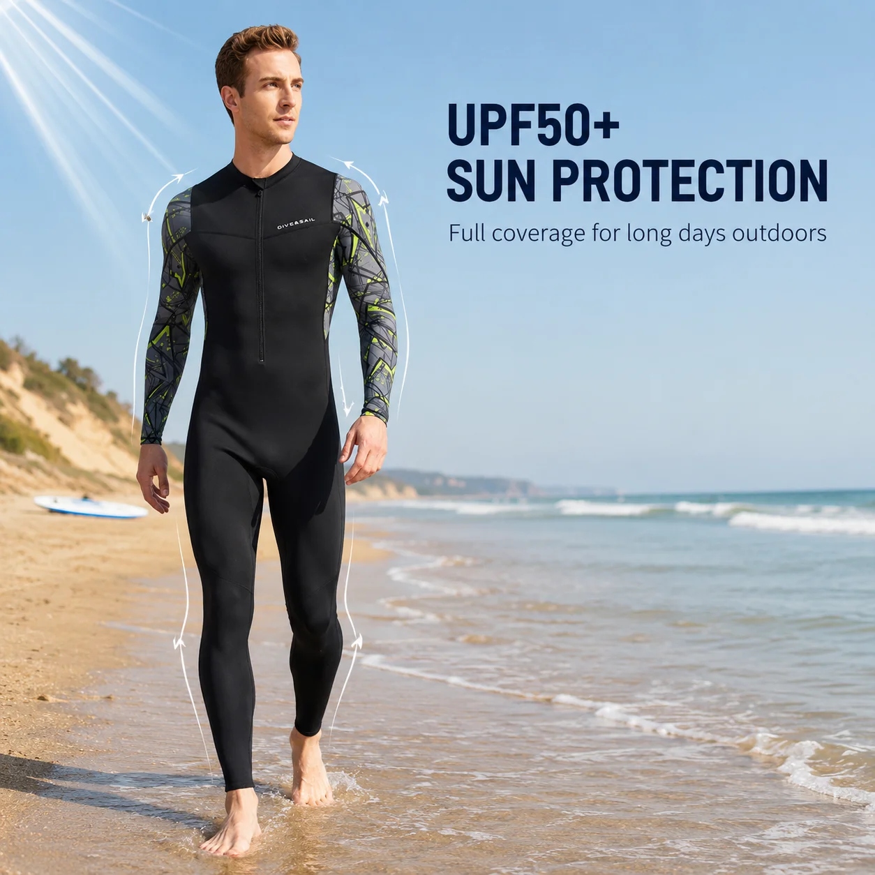 DIVE&SAIL Men UPF50+ Full Body Rash Guard Lycra Diving Skin Front Zip Quick Dry Anti Jellyfish Surfing Snorkeling Swim Suit