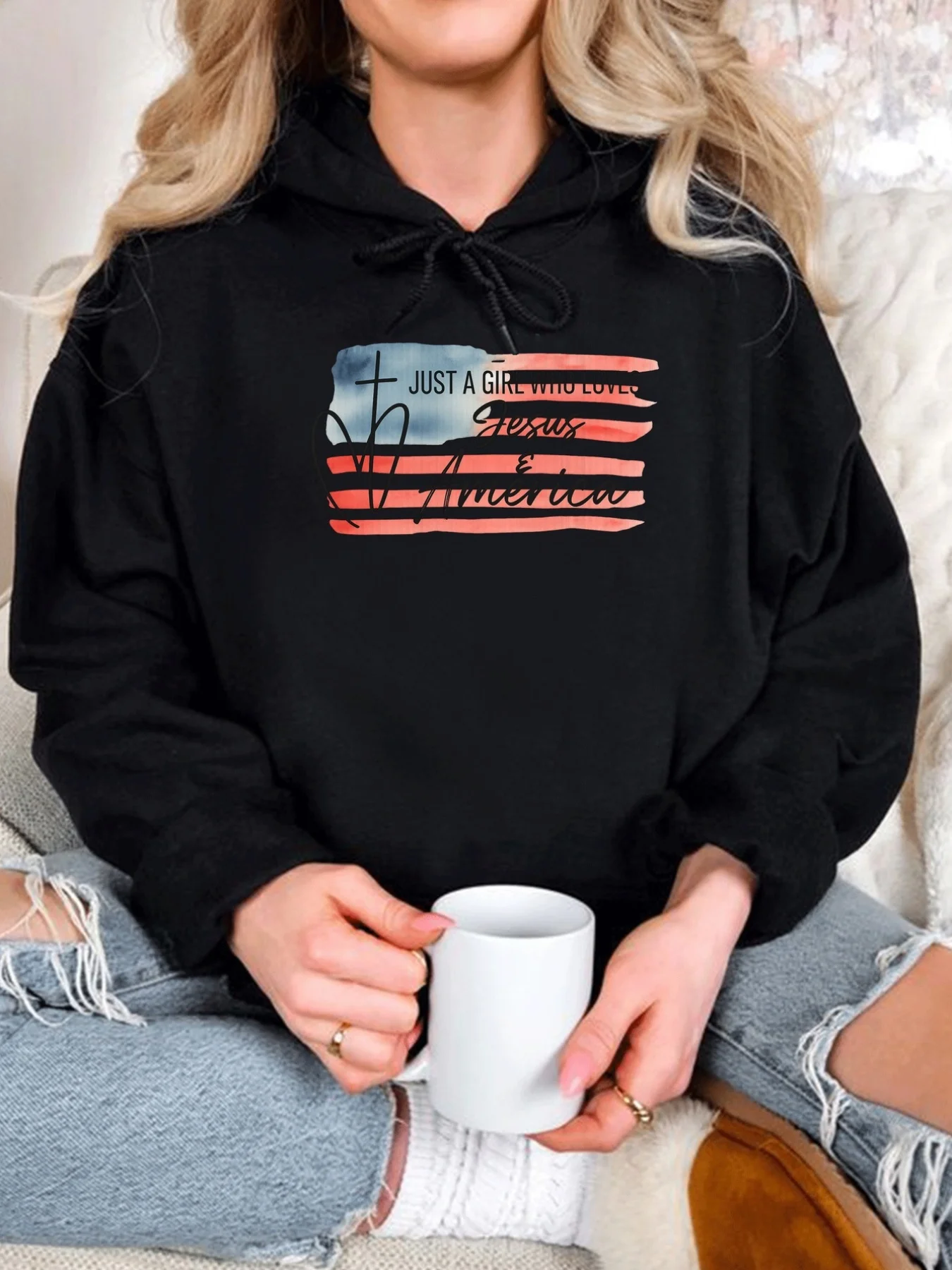 Banners, trendiger, lässiger Damen-Hoodie mit amerikanischem Flaggen-Aufdruck, einfarbiger Hoodie, lockerer Hoodie