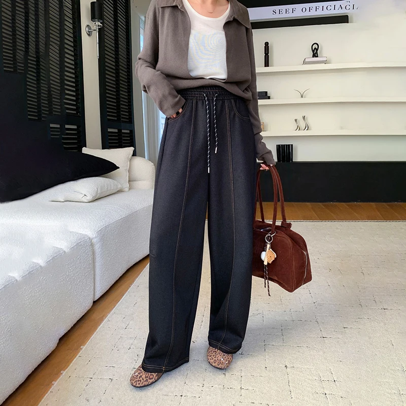 

High Waist Wide Leg Pants Women's Casual Style Fake Denim Banana Shape Autumn Fashion Drawstring Slimming Effectiveness