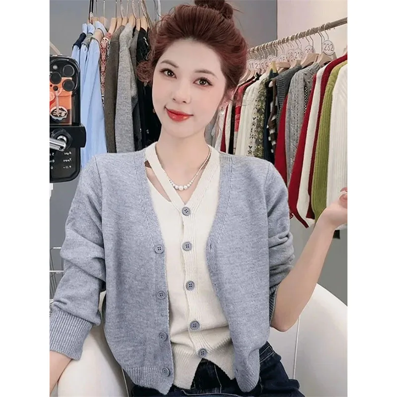 

Fake Two Pieces Contrast Color Long Sleeves Sweater For Women's 2025 New Spring Autumn Winter Knitted Cardigan Jacket Top