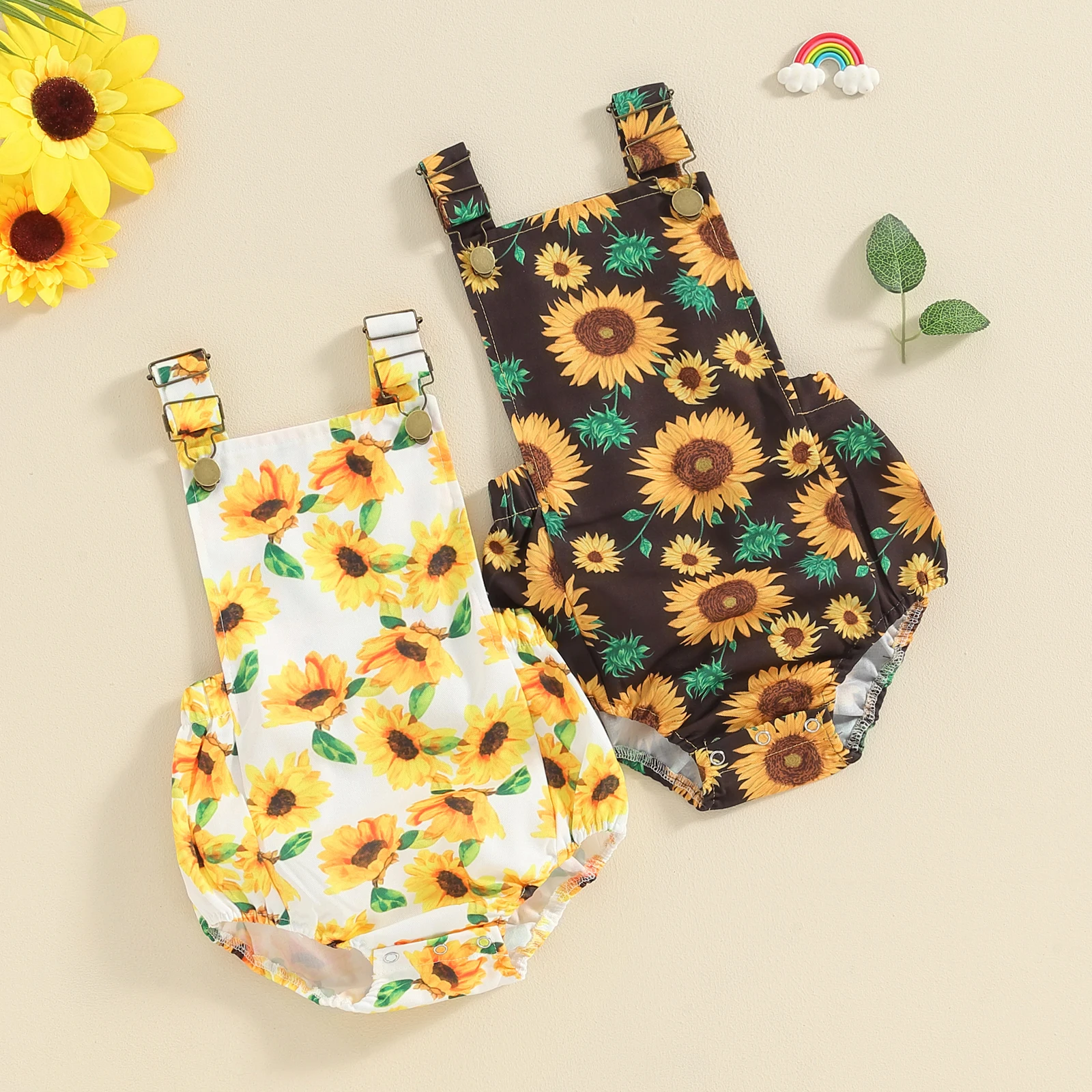 

Baby Girl Romper Overalls Sunflower Print Sleeveless Adjustable Straps Imitation Denim Summer Romper Jumpsuit