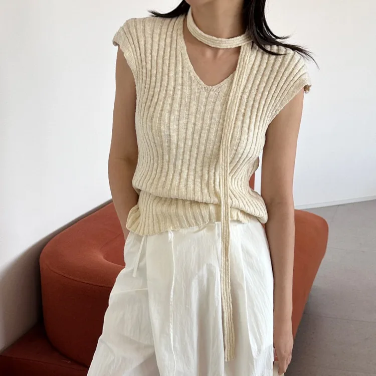 

Summer New Style Women's Knitted Short Sleeve Neck Hanging Top Slim Fit Inner Wear Casual Versatile Comfortable Breathable