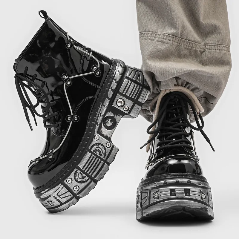 Gothic Punk Style Flame Patchwork Round Toe Thick Sole Platform Chunky Heels Men Ankle Boots Lace Up Western Street Casual Shoes