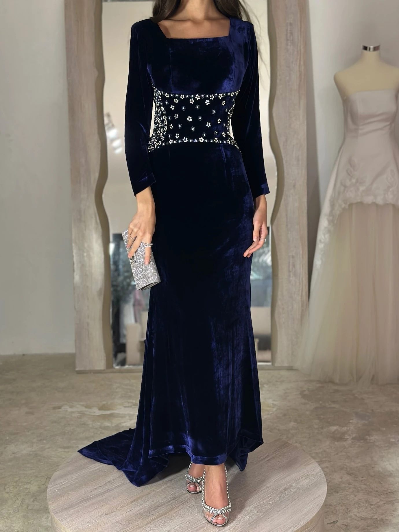 

Other Shore Elegant Vintage Sweet Blue Velvet Beads Square Collar Customize Formal Occasion Prom Dress Evening Party Gowns